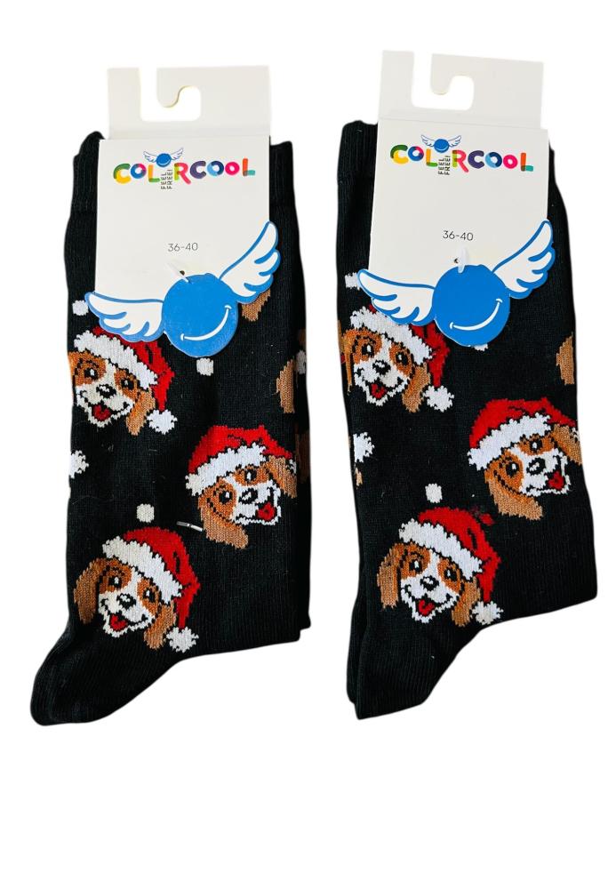 Șosete Dama – Crăciun,Imprimeu Cățeluși cu Căciulă de Moș,Engros